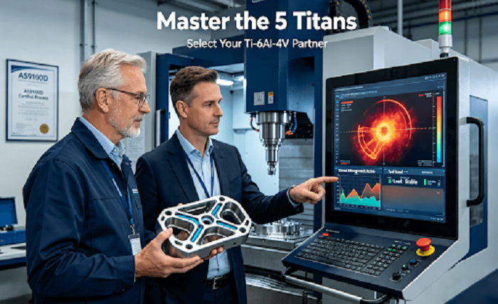 Aerospace manufacturing leaders evaluate a complex thin-walled titanium frame on a 5-axis CNC with live thermal and force data, symbolizing mastery over titanium's machining challenges to prevent part failure.