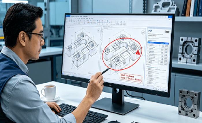 A professional engineer conducts a detailed analysis of a 3D part design and its plastic injection molding quote on a digital workstation, highlighting critical tolerances and DFM optimizations.