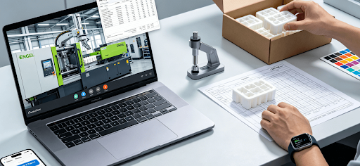 Remote verification dashboard: Live feed from a plastic injection molding china factory floor alongside delivered first-article samples and inspection reports, enabling transparent quality assurance from afar.